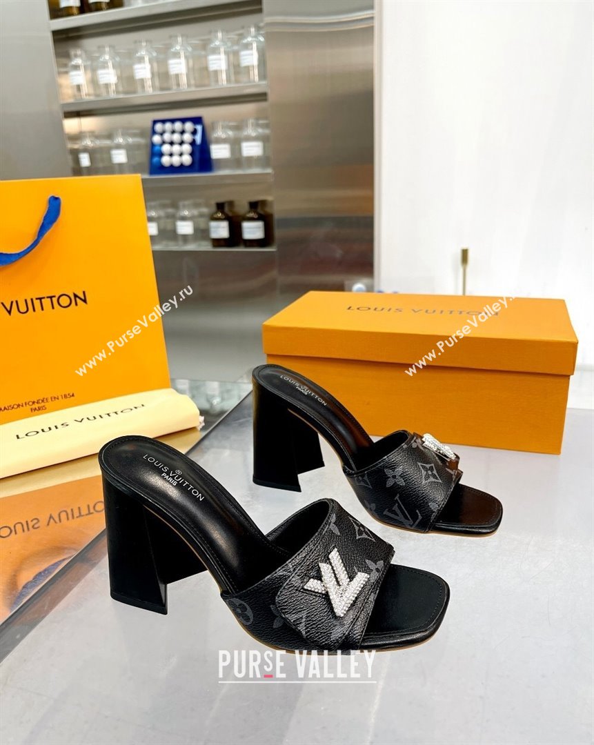 Louis Vuitton Shake Monogram Canvas Heel Slide Sandals 9.5cm with Crystal LV Twist Black 2023 (MD-231013045)