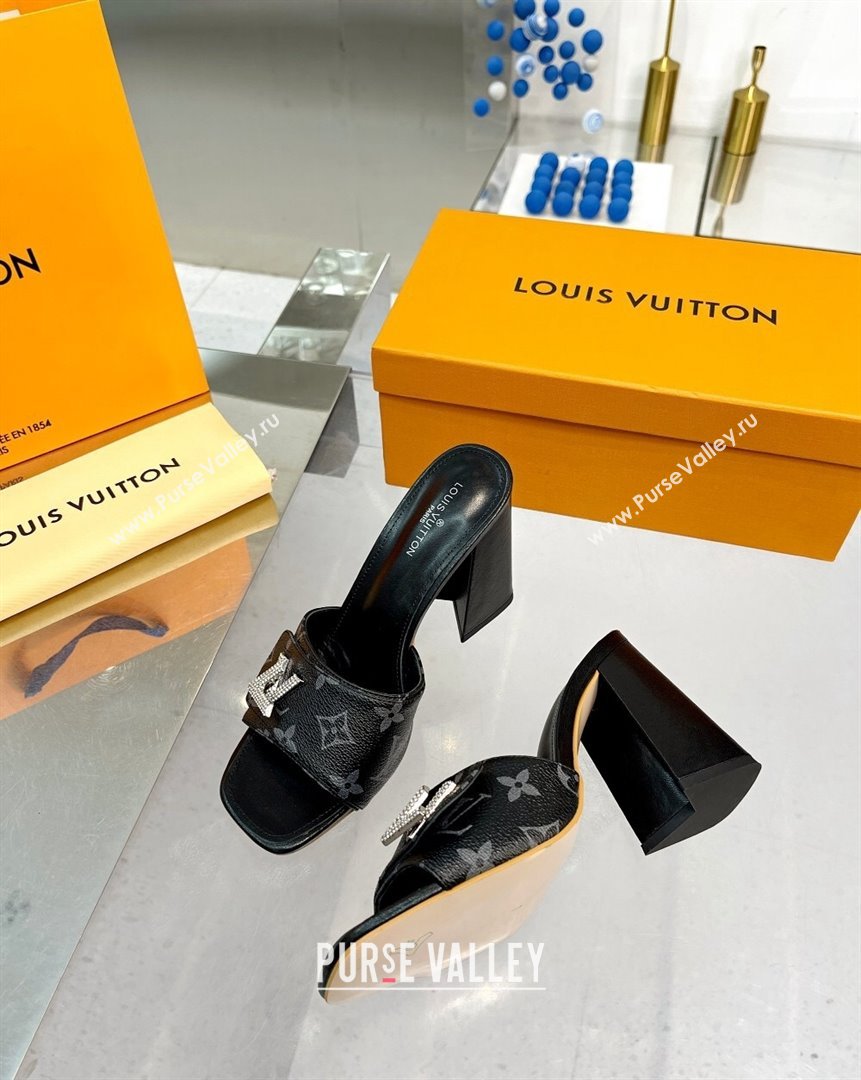 Louis Vuitton Shake Monogram Canvas Heel Slide Sandals 9.5cm with Crystal LV Twist Black 2023 (MD-231013045)