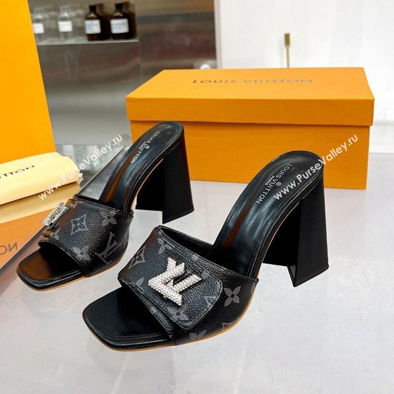 Louis Vuitton Shake Monogram Canvas Heel Slide Sandals 9.5cm with Crystal LV Twist Black 2023 (MD-231013045)