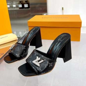 Louis Vuitton Shake Monogram Canvas Heel Slide Sandals 9.5cm with Crystal LV Twist Black 2023 (MD-231013045)