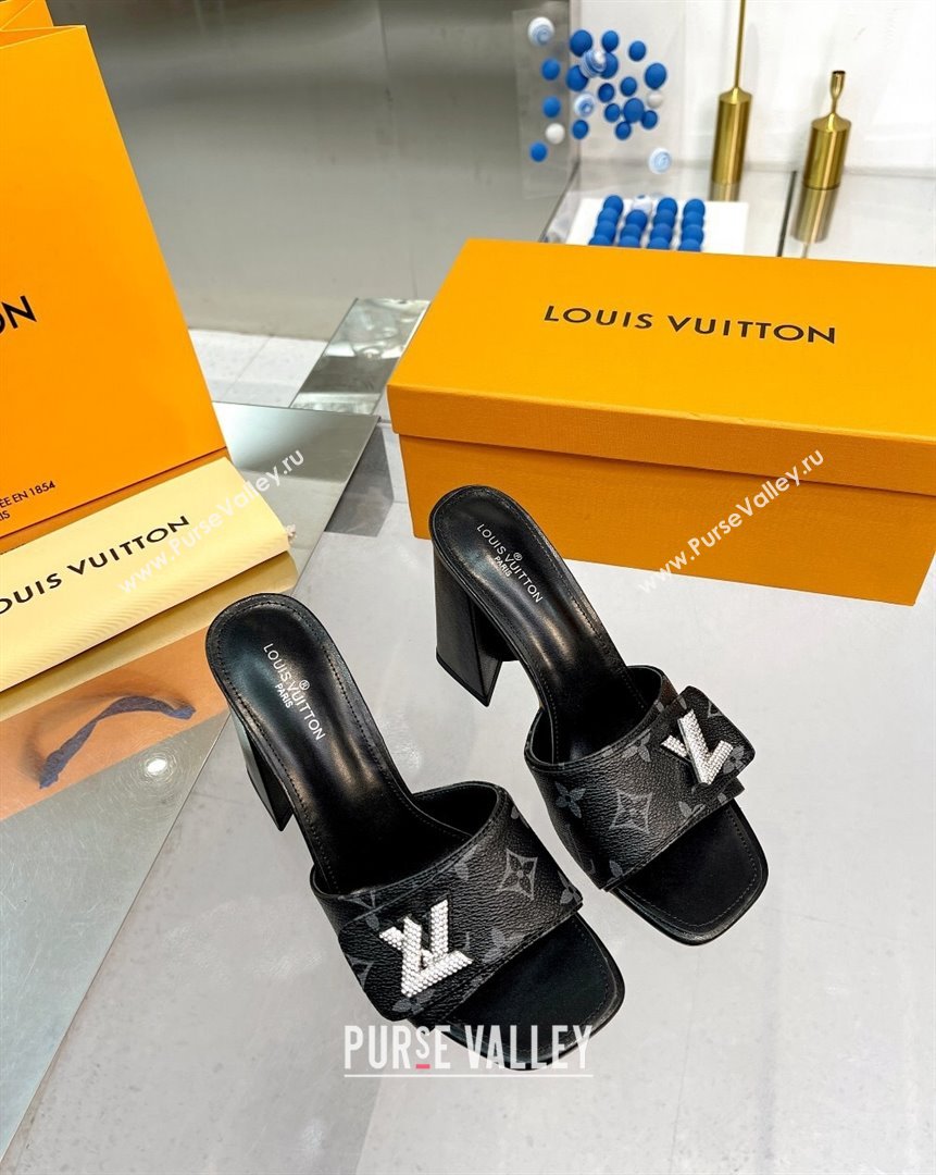 Louis Vuitton Shake Monogram Canvas Heel Slide Sandals 9.5cm with Crystal LV Twist Black 2023 (MD-231013045)