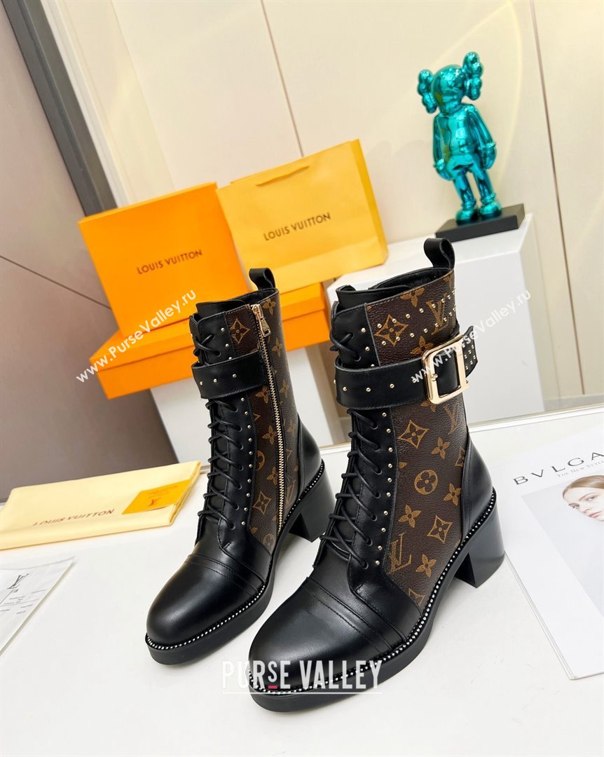 Louis Vuitton Monogram Canvas Ankle Boots 5cm with Buckle Strap and Studs Brown 2023 LV101202 (MD-231012111)