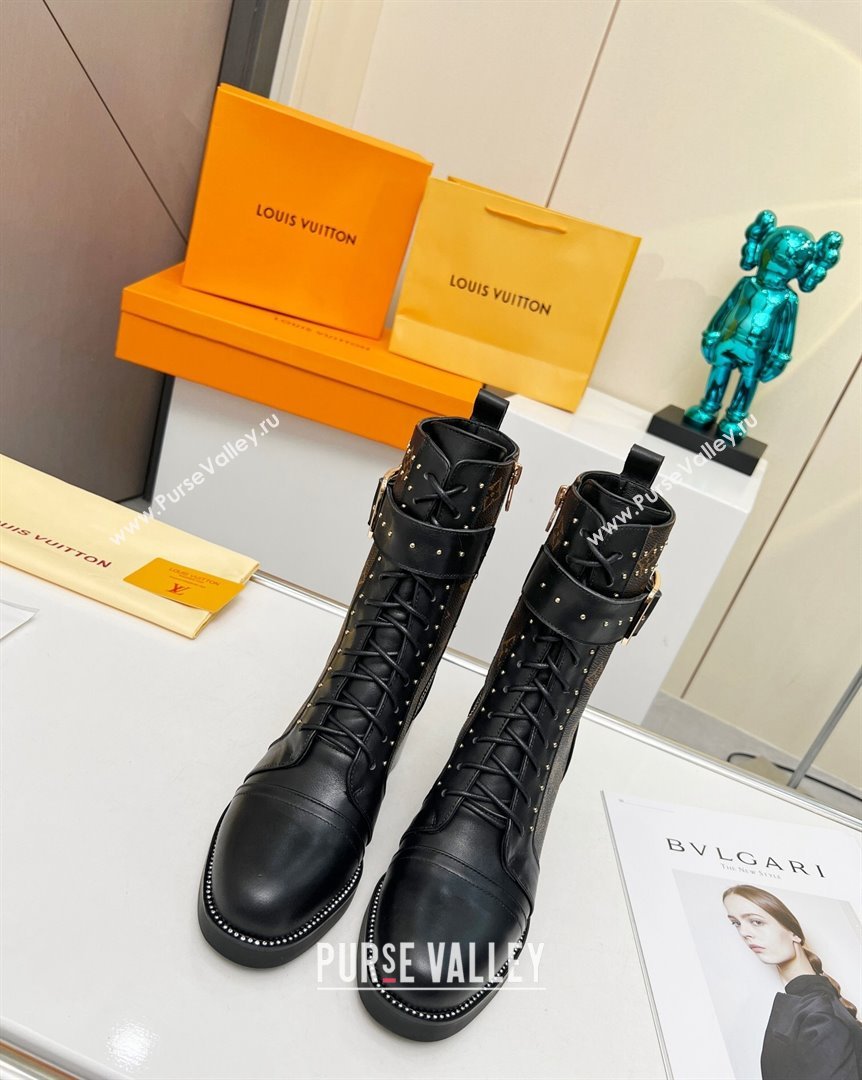 Louis Vuitton Monogram Canvas Ankle Boots 5cm with Buckle Strap and Studs Brown 2023 LV101202 (MD-231012111)