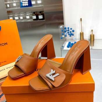 Louis Vuitton Shake Leather Heel Slide Sandals 9.5cm with Crystal LV Twist Brown 2023 (MD-231013048)