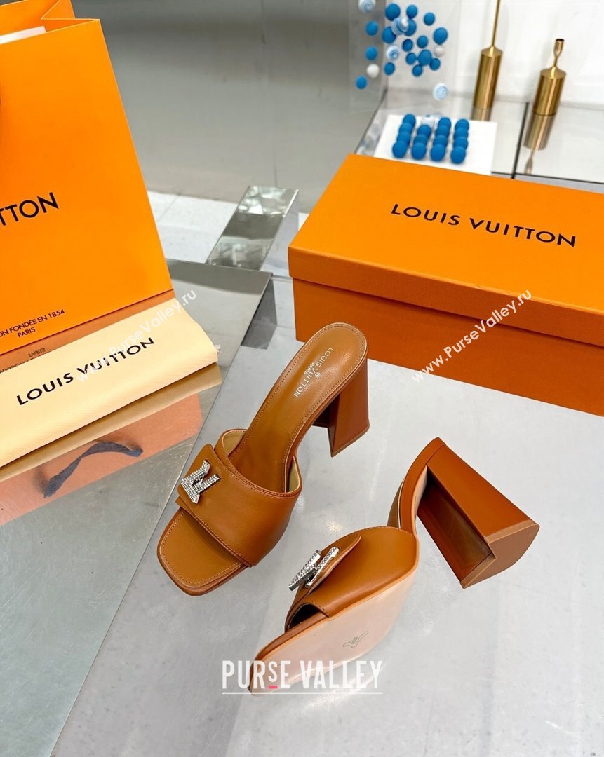 Louis Vuitton Shake Leather Heel Slide Sandals 9.5cm with Crystal LV Twist Brown 2023 (MD-231013048)