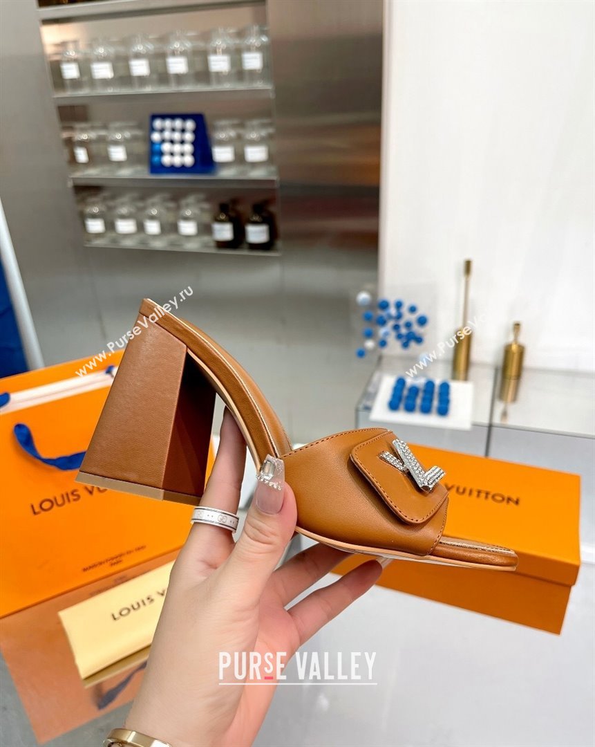 Louis Vuitton Shake Leather Heel Slide Sandals 9.5cm with Crystal LV Twist Brown 2023 (MD-231013048)