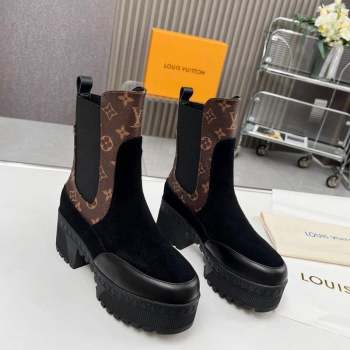 Louis Vuitton Laureate Platform Chelsea Ankle Boot Black Suede and Monogram 2023 1AC7WU (MD-231012127)