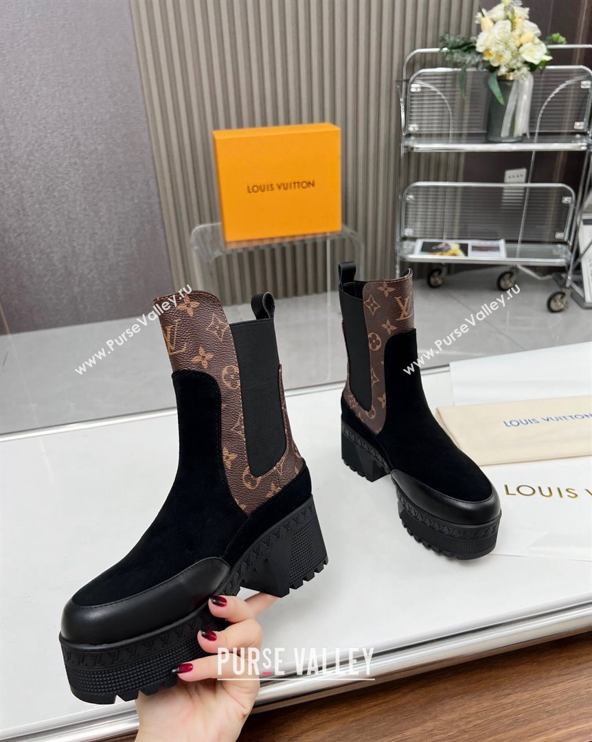 Louis Vuitton Laureate Platform Chelsea Ankle Boot Black Suede and Monogram 2023 1AC7WU (MD-231012127)