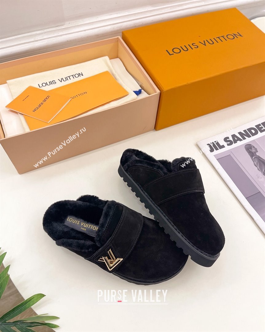 Louis Vuitton LV Cosy Flat Comfort Clog Mules in Suede Black 2023 1AC6Z3 (MD-231012137)