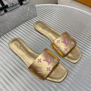 Louis Vuitton Revival Flat Slide Sandals in Monogram Leather Gold 2023 1ABPEC (MD-231012145)