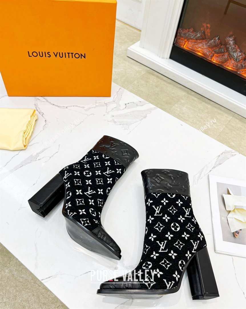 Louis Vuitton Monogram Leather and Velvet Ankle Boots 9.5cm Black 2023 LV101201 (MD-231012106)