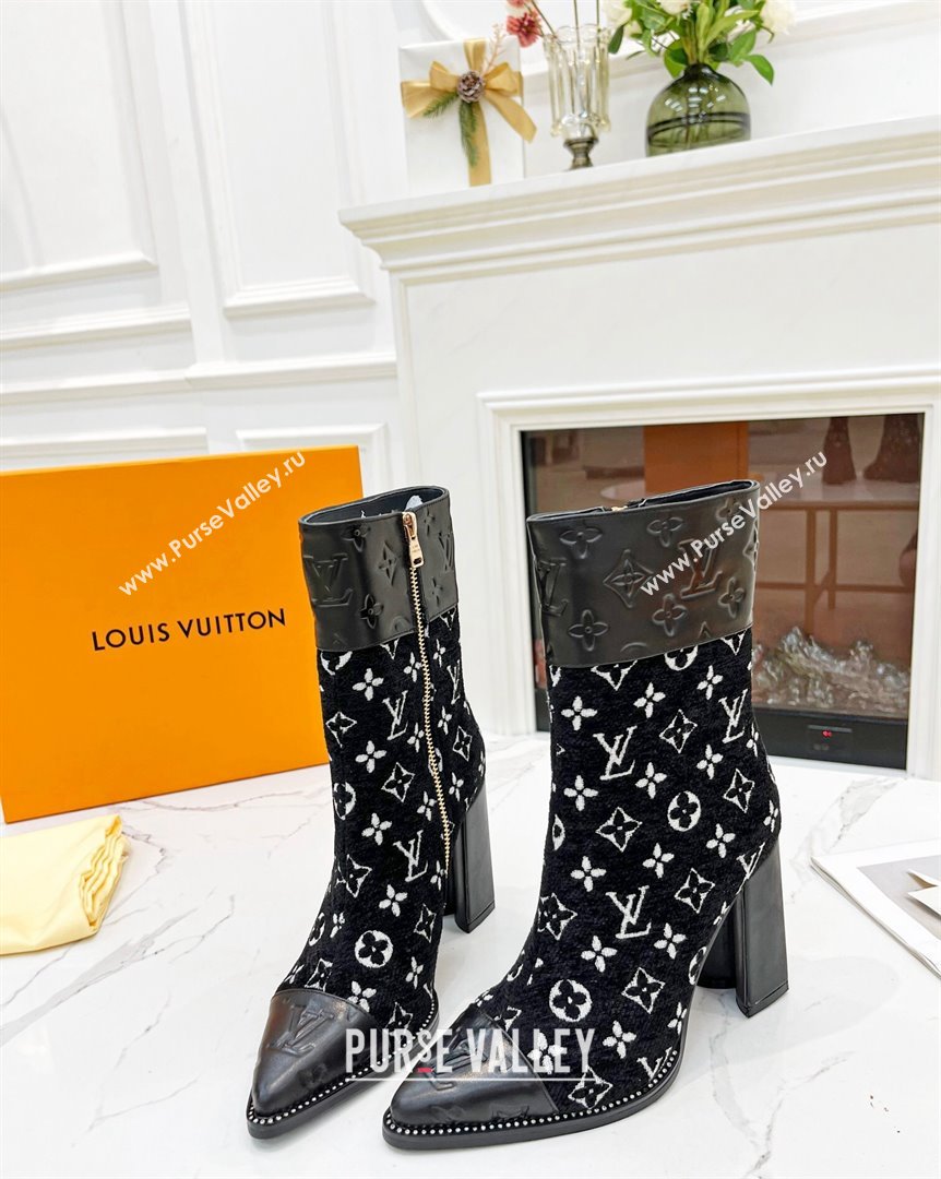 Louis Vuitton Monogram Leather and Velvet Ankle Boots 9.5cm Black 2023 LV101201 (MD-231012106)