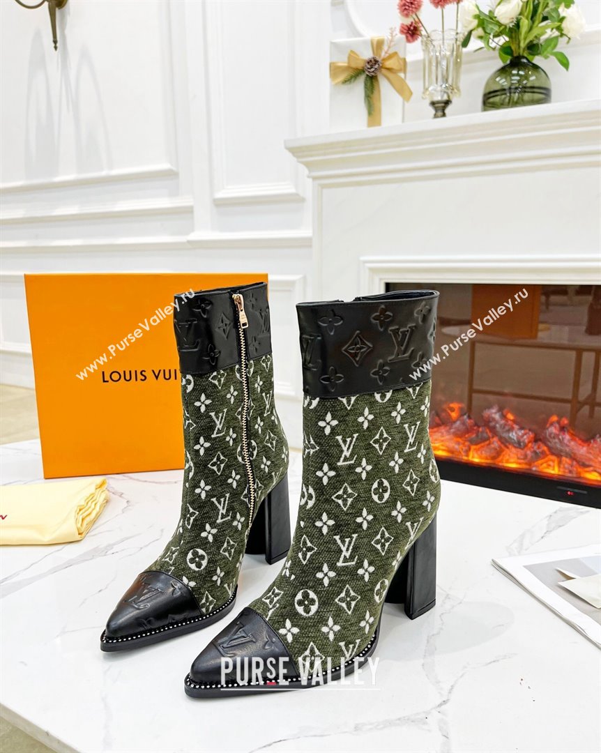 Louis Vuitton Monogram Leather and Velvet Ankle Boots 9.5cm Green 2023 LV101201 (MD-231012107)