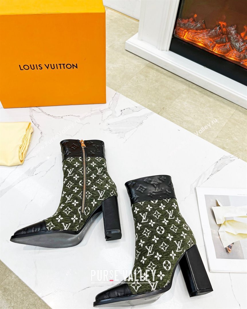 Louis Vuitton Monogram Leather and Velvet Ankle Boots 9.5cm Green 2023 LV101201 (MD-231012107)