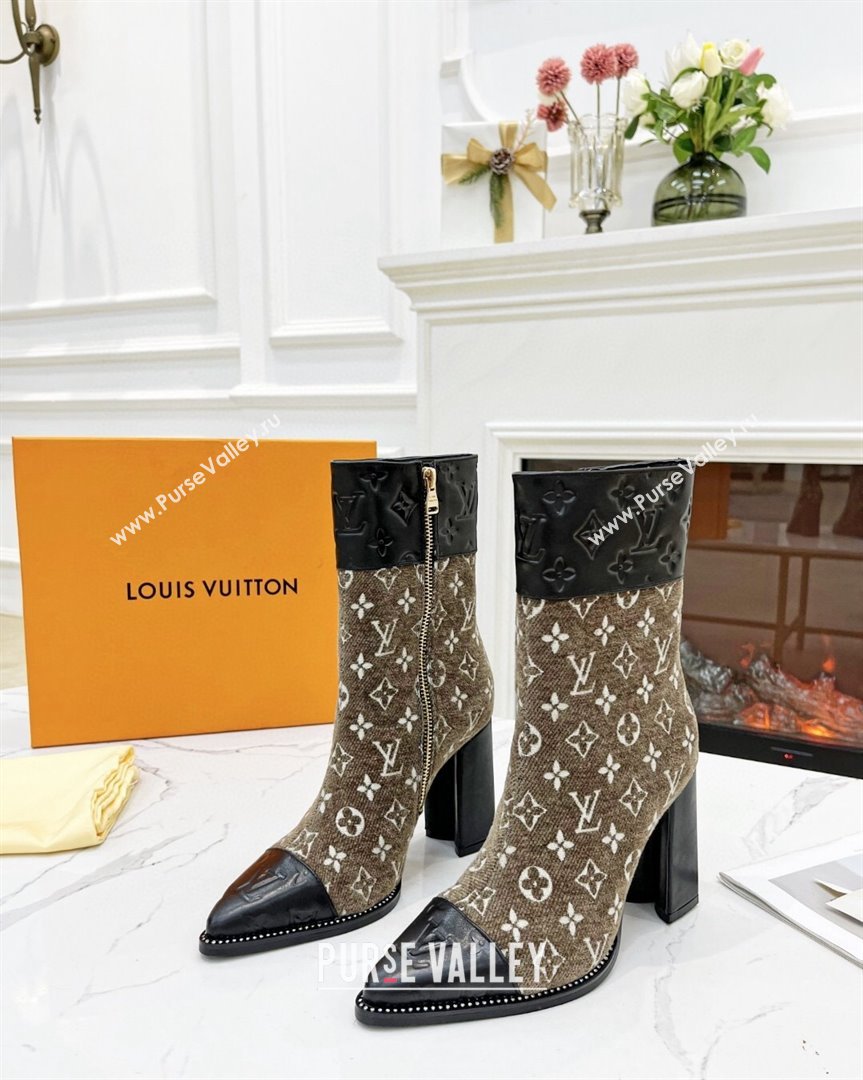 Louis Vuitton Monogram Leather and Velvet Ankle Boots 9.5cm Brown 2023 LV101201 (MD-231012108)