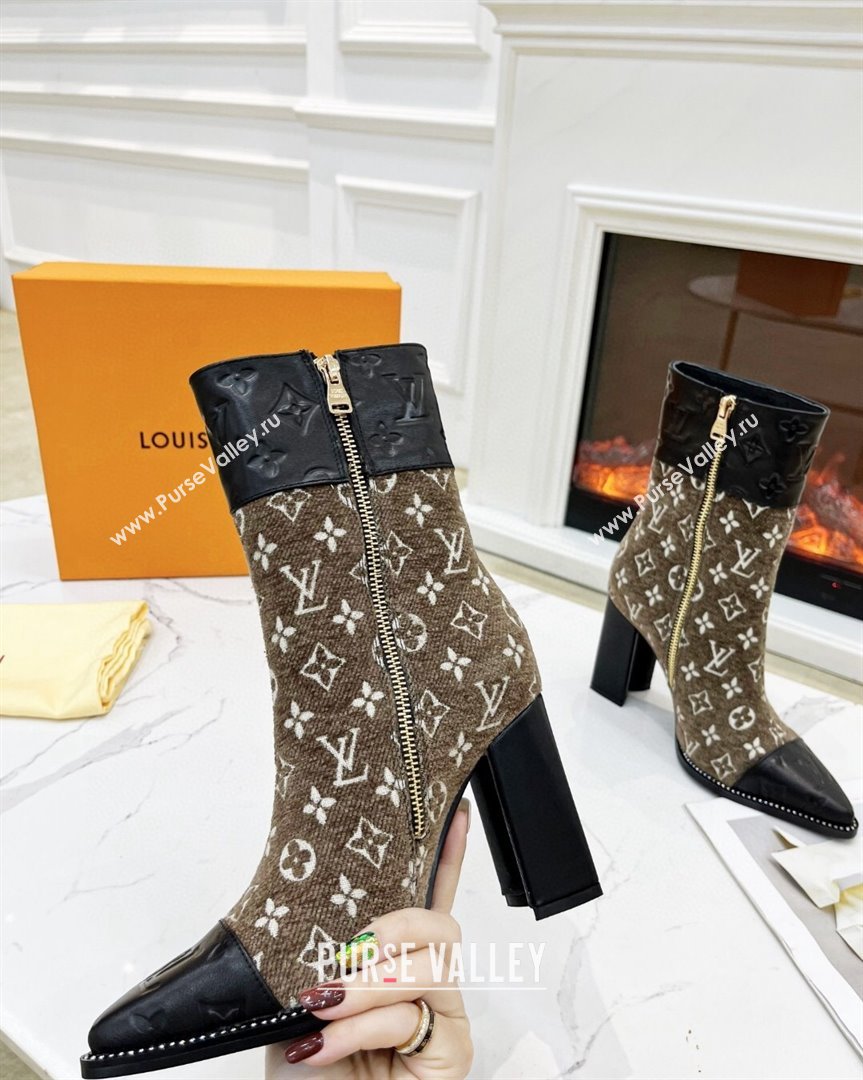 Louis Vuitton Monogram Leather and Velvet Ankle Boots 9.5cm Brown 2023 LV101201 (MD-231012108)
