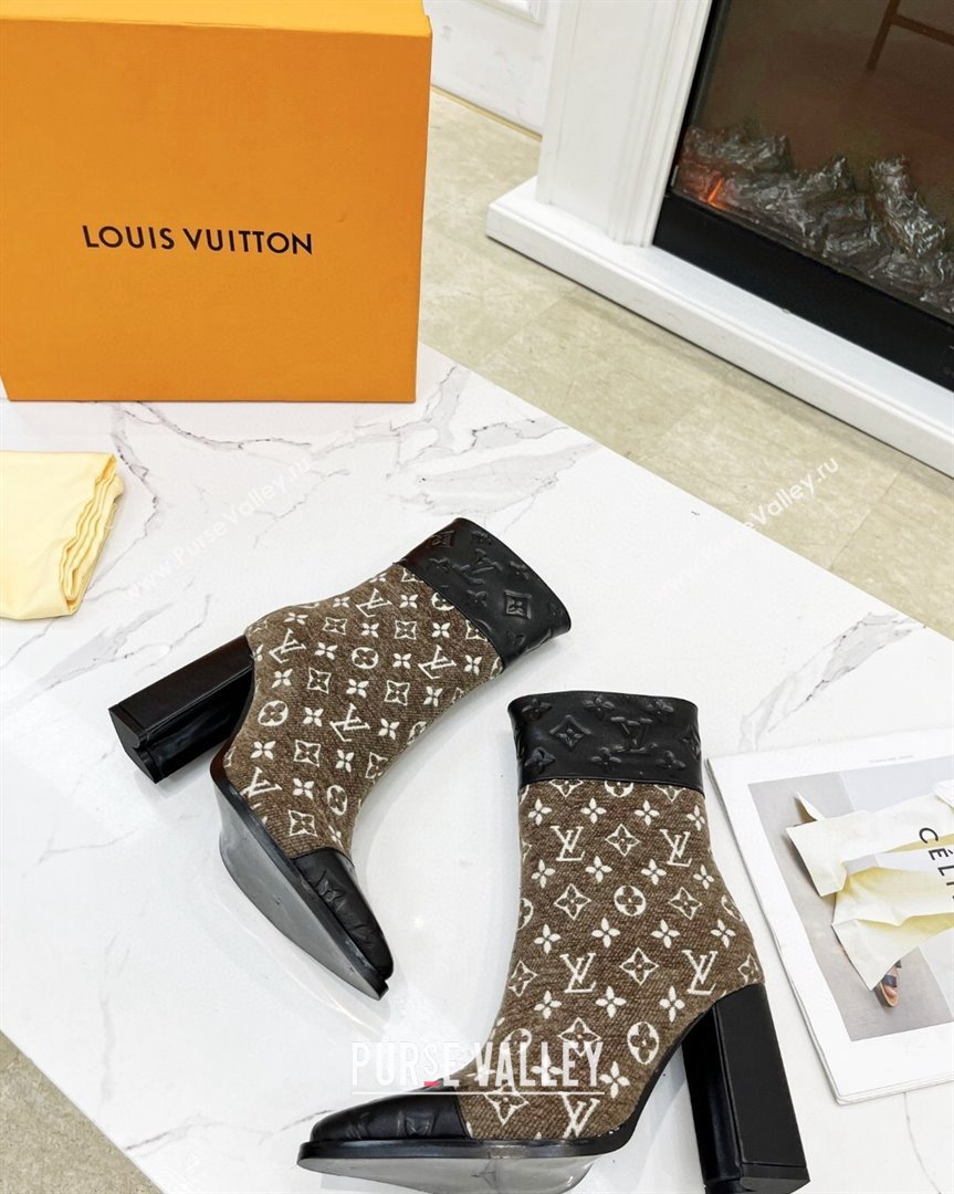 Louis Vuitton Monogram Leather and Velvet Ankle Boots 9.5cm Brown 2023 LV101201 (MD-231012108)