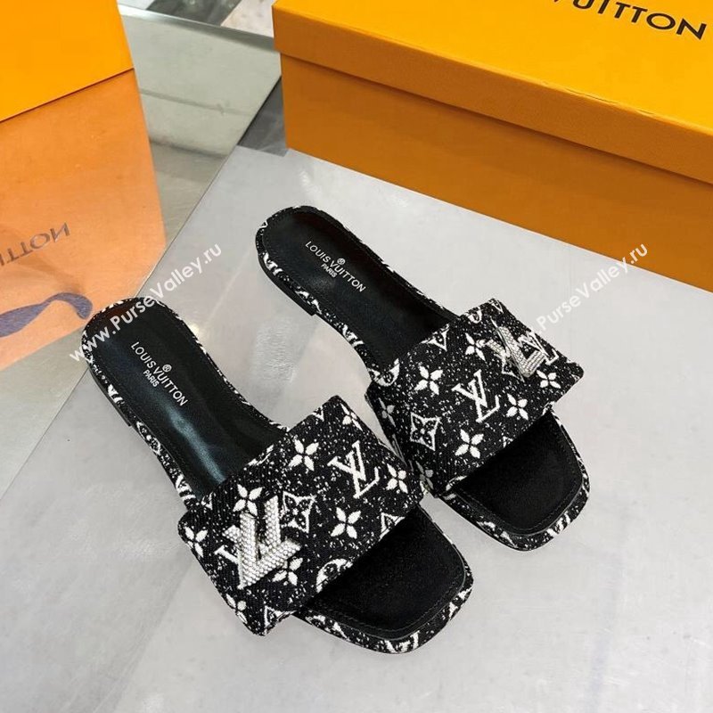 Louis Vuitton Shake Flat Slide Sandals in Monogram Textile and Crystals Black 2023 (MD-231012160)