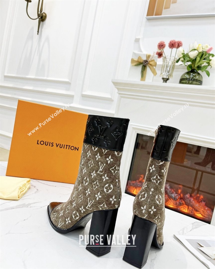 Louis Vuitton Monogram Leather and Velvet Ankle Boots 9.5cm Brown 2023 LV101201 (MD-231012108)