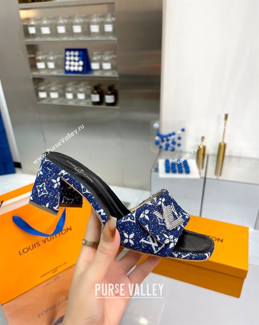 Louis Vuitton Shake Heel Slide Sandals 5cm in Monogram Textile and Crystals Denim Blue 2023 (MD-231012162)