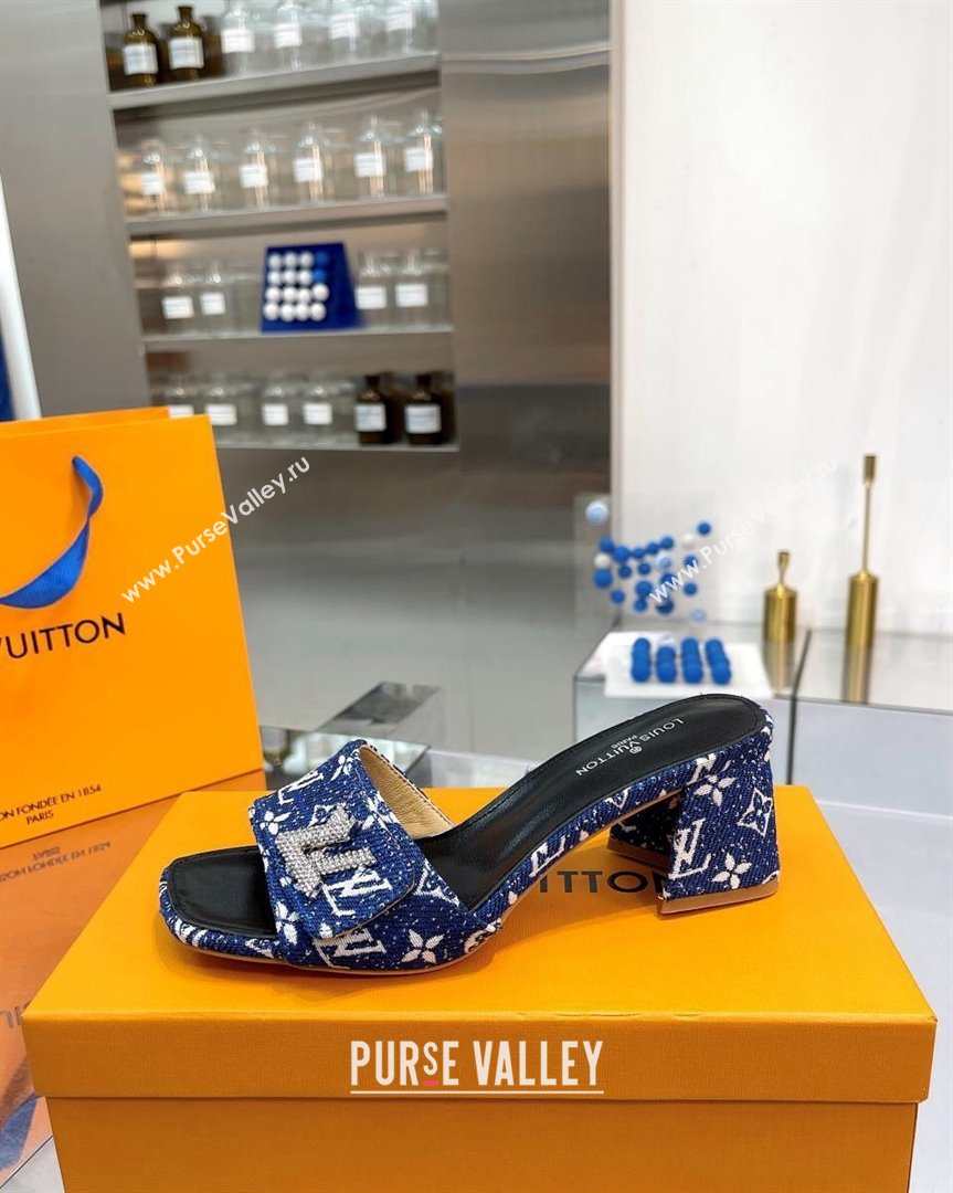 Louis Vuitton Shake Heel Slide Sandals 5cm in Monogram Textile and Crystals Denim Blue 2023 (MD-231012162)