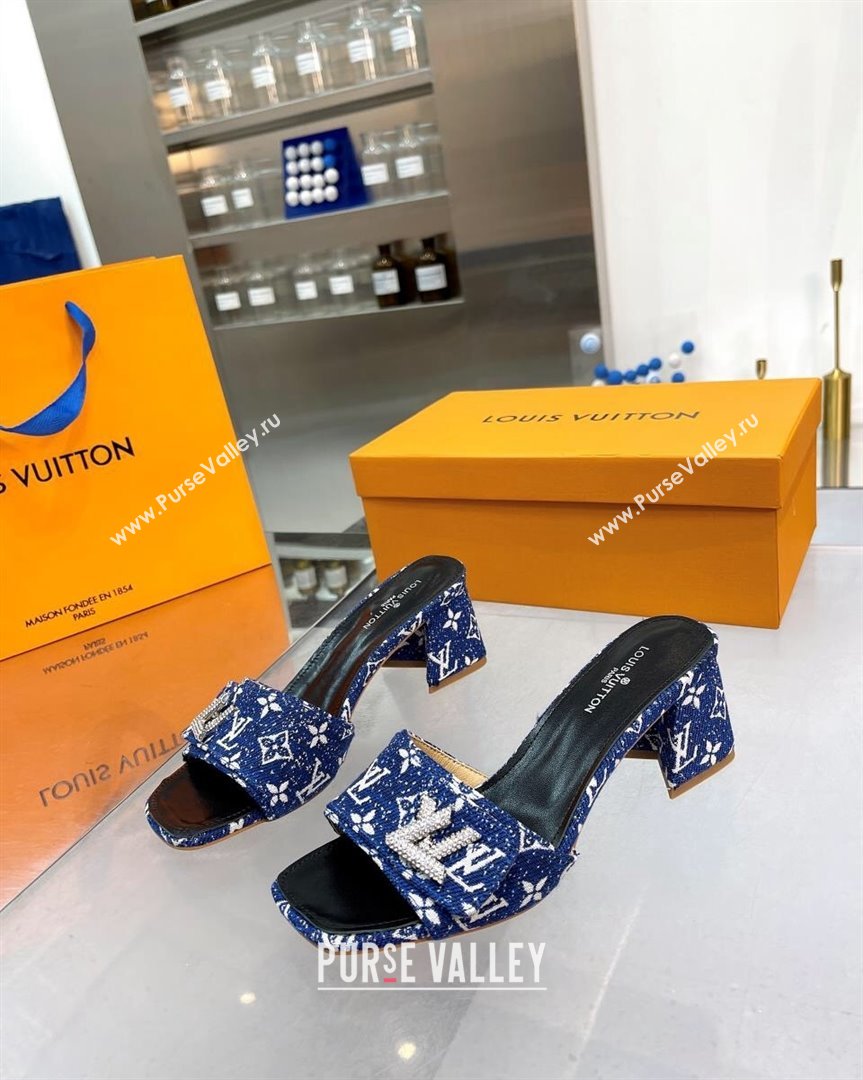 Louis Vuitton Shake Heel Slide Sandals 5cm in Monogram Textile and Crystals Denim Blue 2023 (MD-231012162)