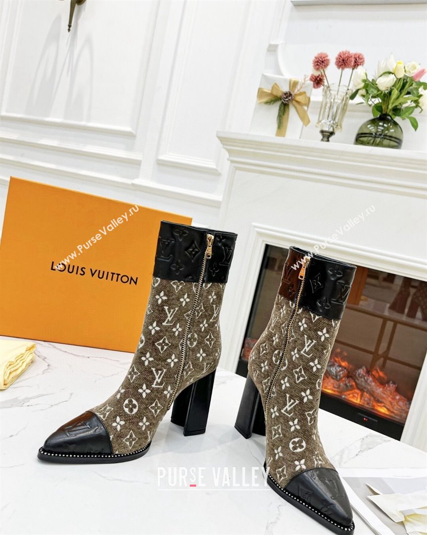 Louis Vuitton Monogram Leather and Velvet Ankle Boots 9.5cm Brown 2023 LV101201 (MD-231012108)