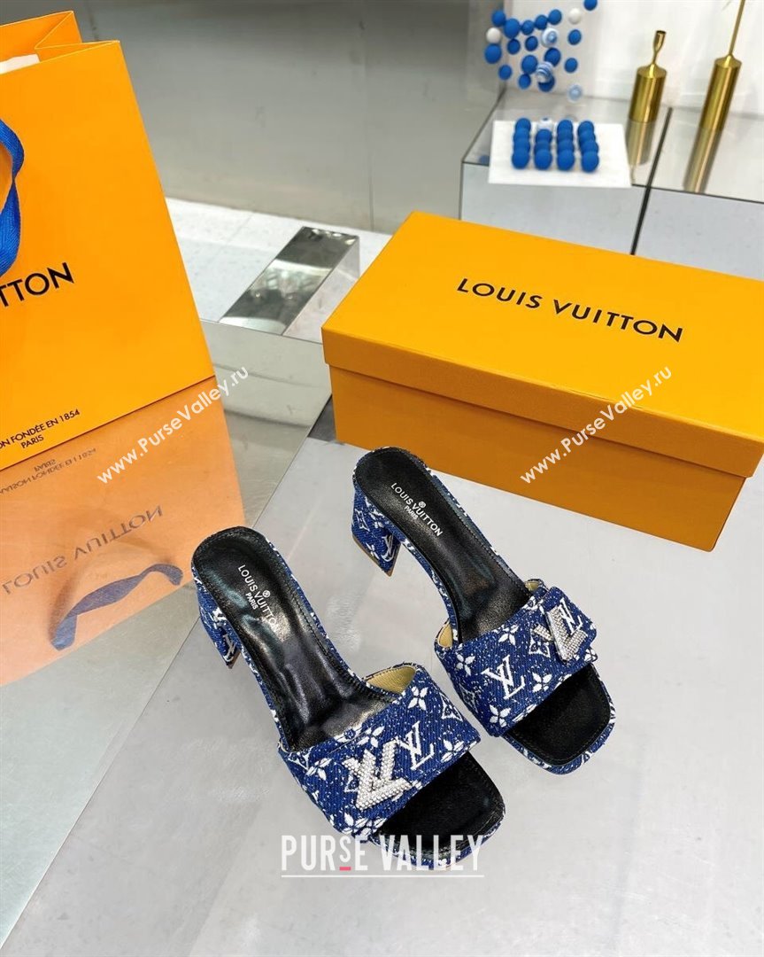 Louis Vuitton Shake Heel Slide Sandals 5cm in Monogram Textile and Crystals Denim Blue 2023 (MD-231012162)