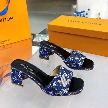 Louis Vuitton Shake Heel Slide Sandals 5cm in Monogram Textile and Crystals Denim Blue 2023 (MD-231012162)