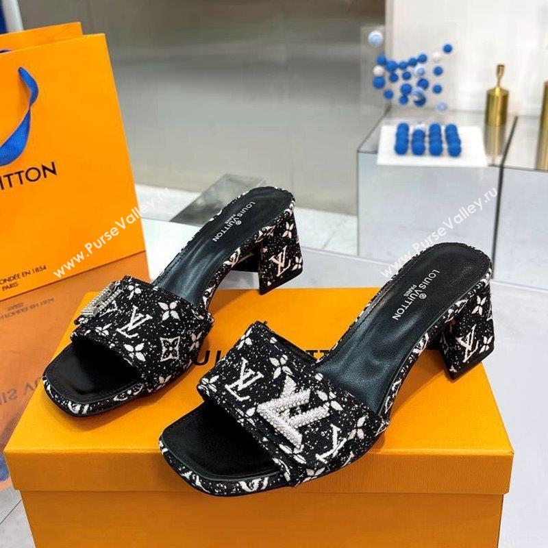 Louis Vuitton Shake Heel Slide Sandals 5cm in Monogram Textile and Crystals Black 2023 (MD-231012164)