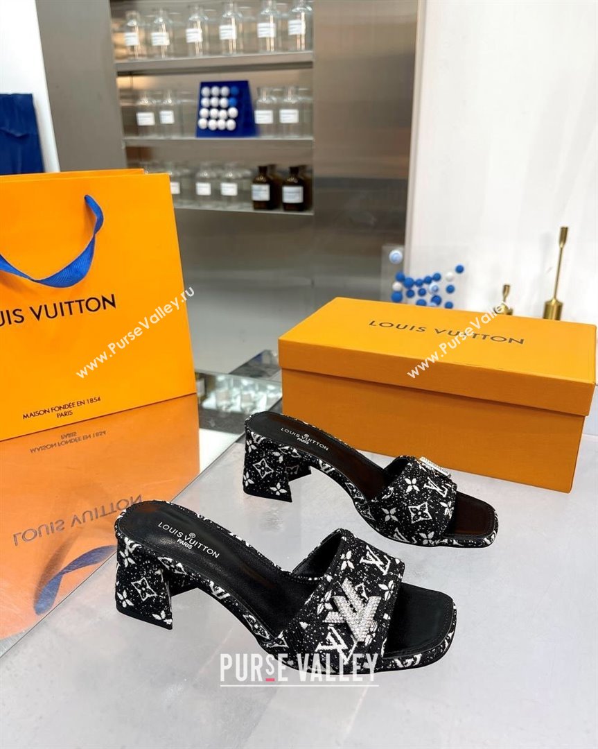 Louis Vuitton Shake Heel Slide Sandals 5cm in Monogram Textile and Crystals Black 2023 (MD-231012164)