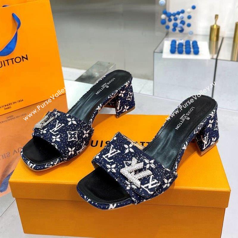 Louis Vuitton Shake Heel Slide Sandals 5cm in Monogram Textile and Crystals Dark Blue 2023 (MD-231012166)