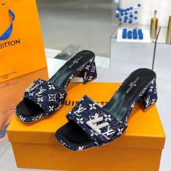 Louis Vuitton Shake Heel Slide Sandals 5cm in Monogram Textile and Crystals Dark Blue 2023 (MD-231012166)