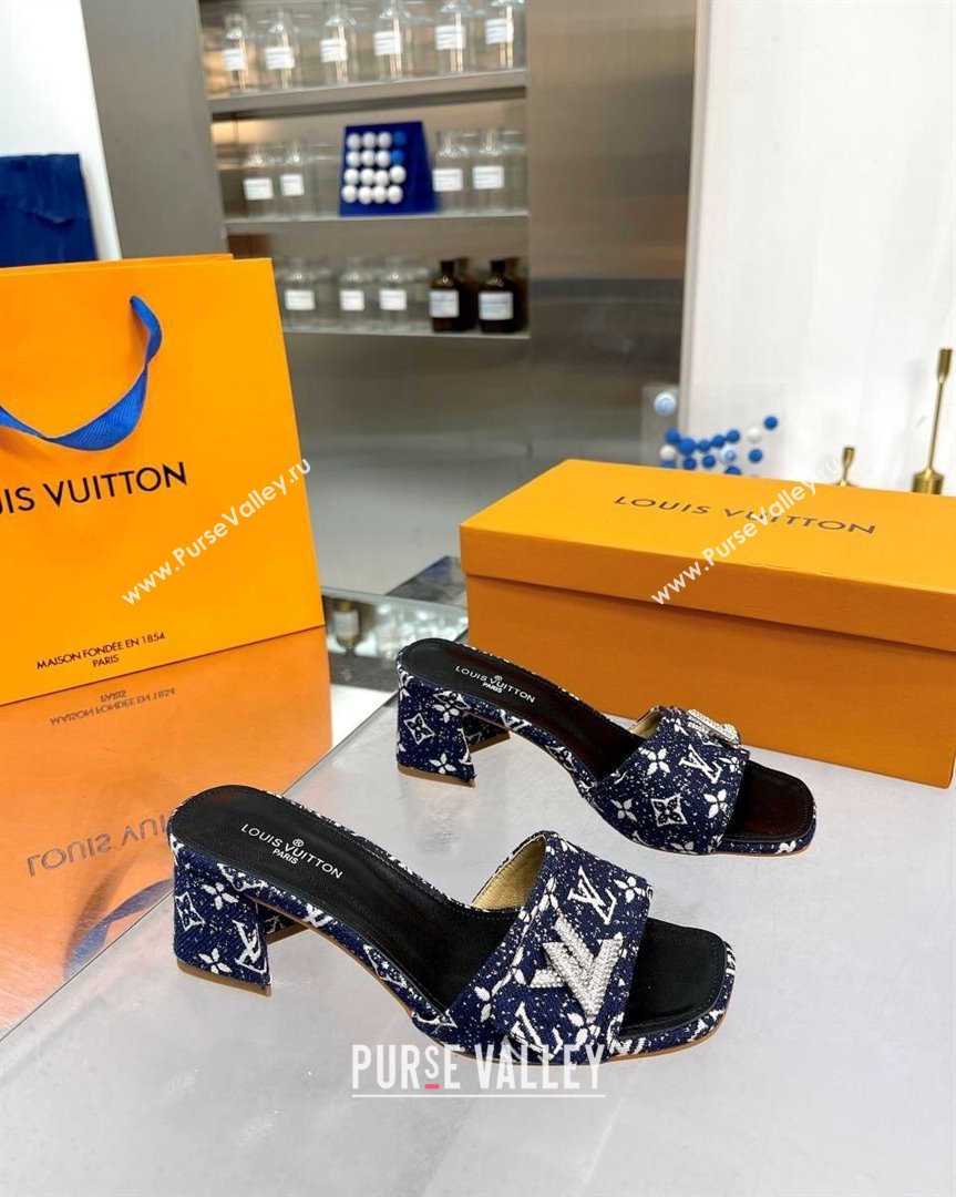 Louis Vuitton Shake Heel Slide Sandals 5cm in Monogram Textile and Crystals Dark Blue 2023 (MD-231012166)