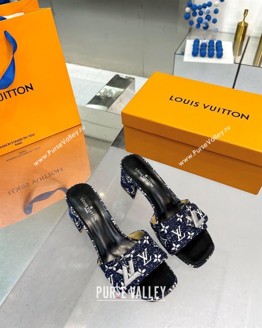 Louis Vuitton Shake Heel Slide Sandals 5cm in Monogram Textile and Crystals Dark Blue 2023 (MD-231012166)