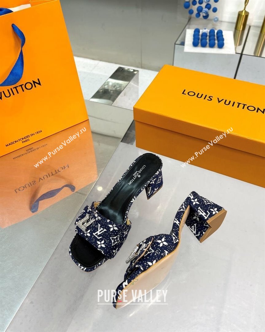 Louis Vuitton Shake Heel Slide Sandals 5cm in Monogram Textile and Crystals Dark Blue 2023 (MD-231012166)