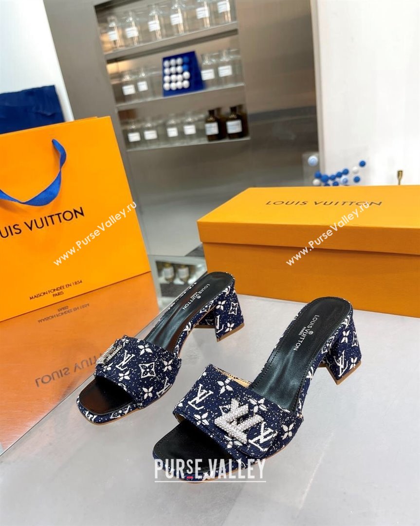 Louis Vuitton Shake Heel Slide Sandals 5cm in Monogram Textile and Crystals Dark Blue 2023 (MD-231012166)