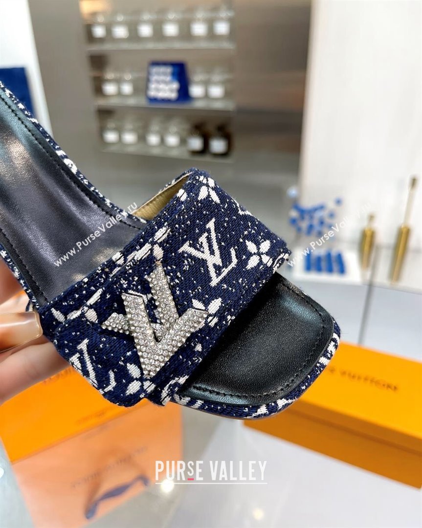 Louis Vuitton Shake Heel Slide Sandals 5cm in Monogram Textile and Crystals Dark Blue 2023 (MD-231012166)