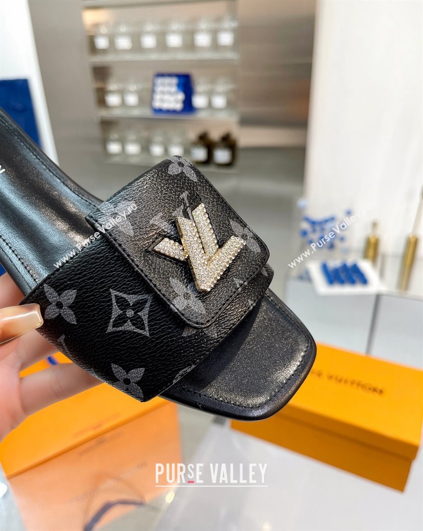 Louis Vuitton Monogram Canvas Flat Slide Sandals with Foldover Crystals LV Black 2023 (MD-231013007)