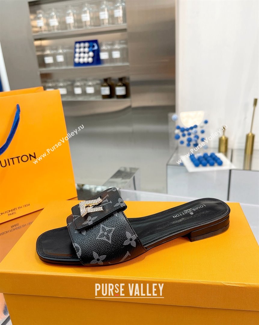 Louis Vuitton Monogram Canvas Flat Slide Sandals with Foldover Crystals LV Black 2023 (MD-231013007)