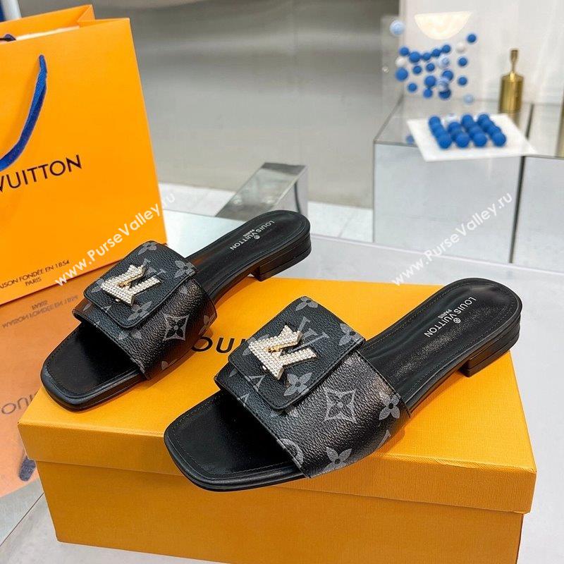 Louis Vuitton Monogram Canvas Flat Slide Sandals with Foldover Crystals LV Black 2023 (MD-231013007)