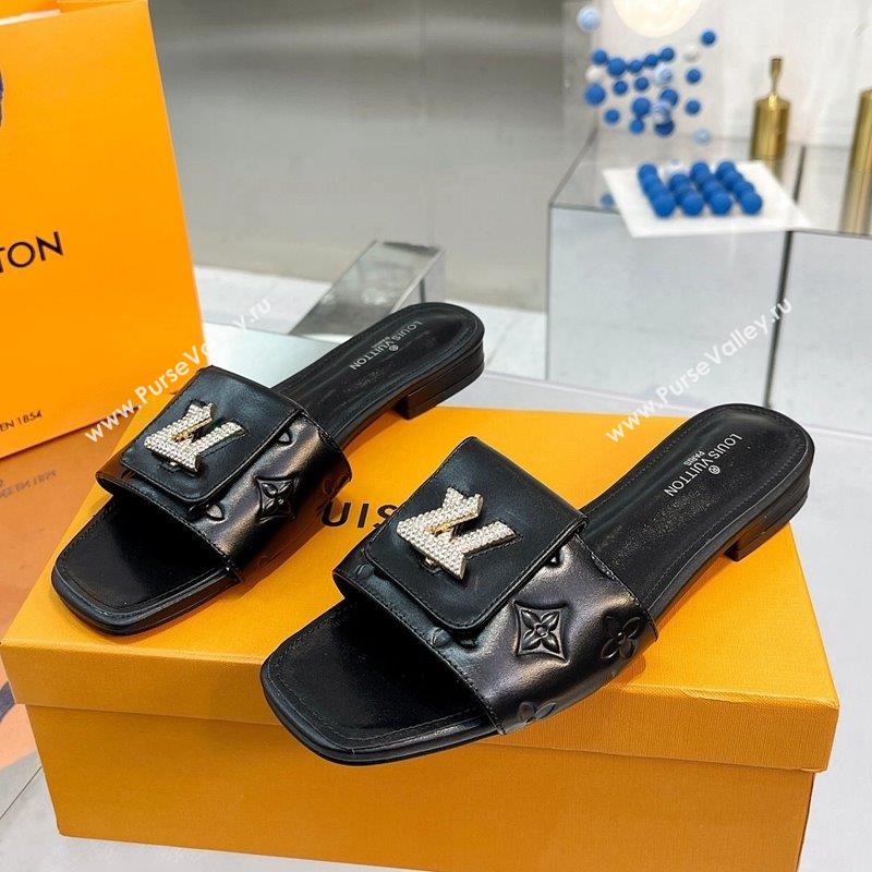 Louis Vuitton Monogram Leather Flat Slide Sandals with Foldover Crystals LV Black 2023 (MD-231013008)