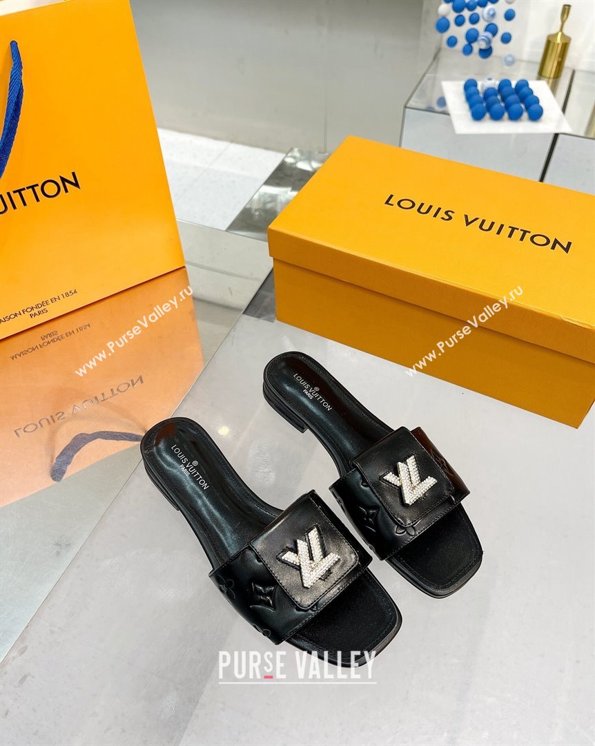 Louis Vuitton Monogram Leather Flat Slide Sandals with Foldover Crystals LV Black 2023 (MD-231013008)