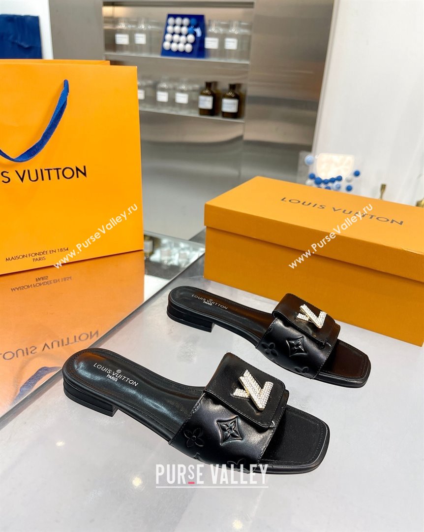 Louis Vuitton Monogram Leather Flat Slide Sandals with Foldover Crystals LV Black 2023 (MD-231013008)