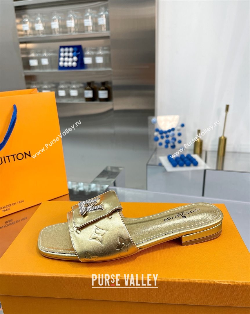 Louis Vuitton Monogram Leather Flat Slide Sandals with Foldover Crystals LV Gold 2023 (MD-231013009)