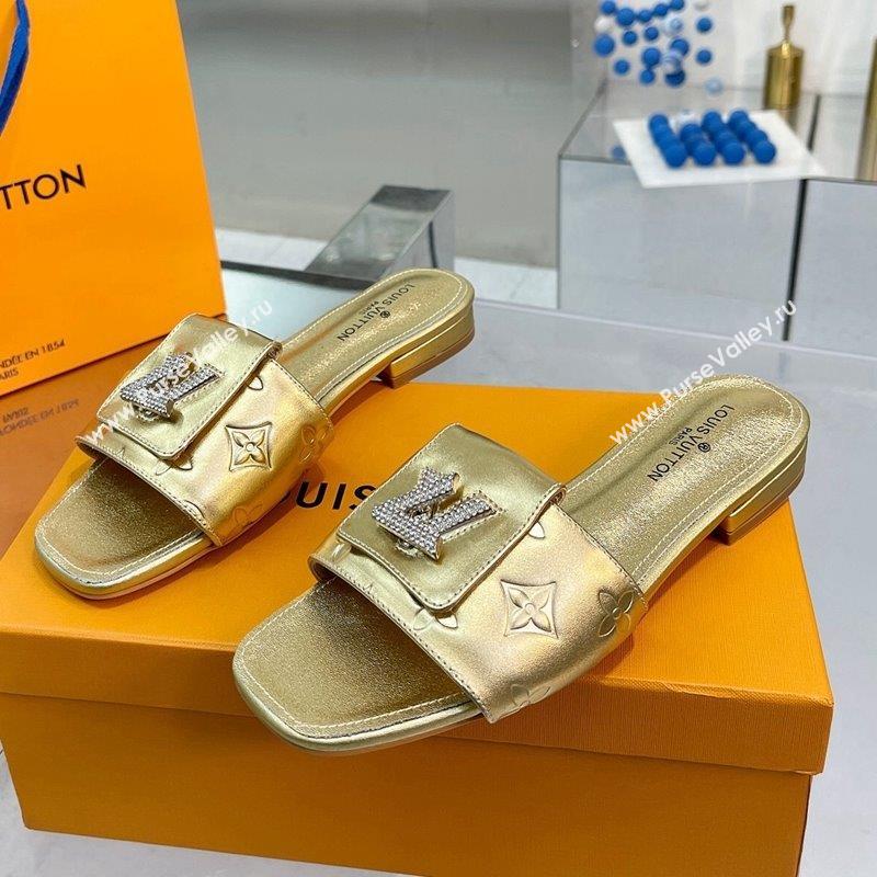 Louis Vuitton Monogram Leather Flat Slide Sandals with Foldover Crystals LV Gold 2023 (MD-231013009)