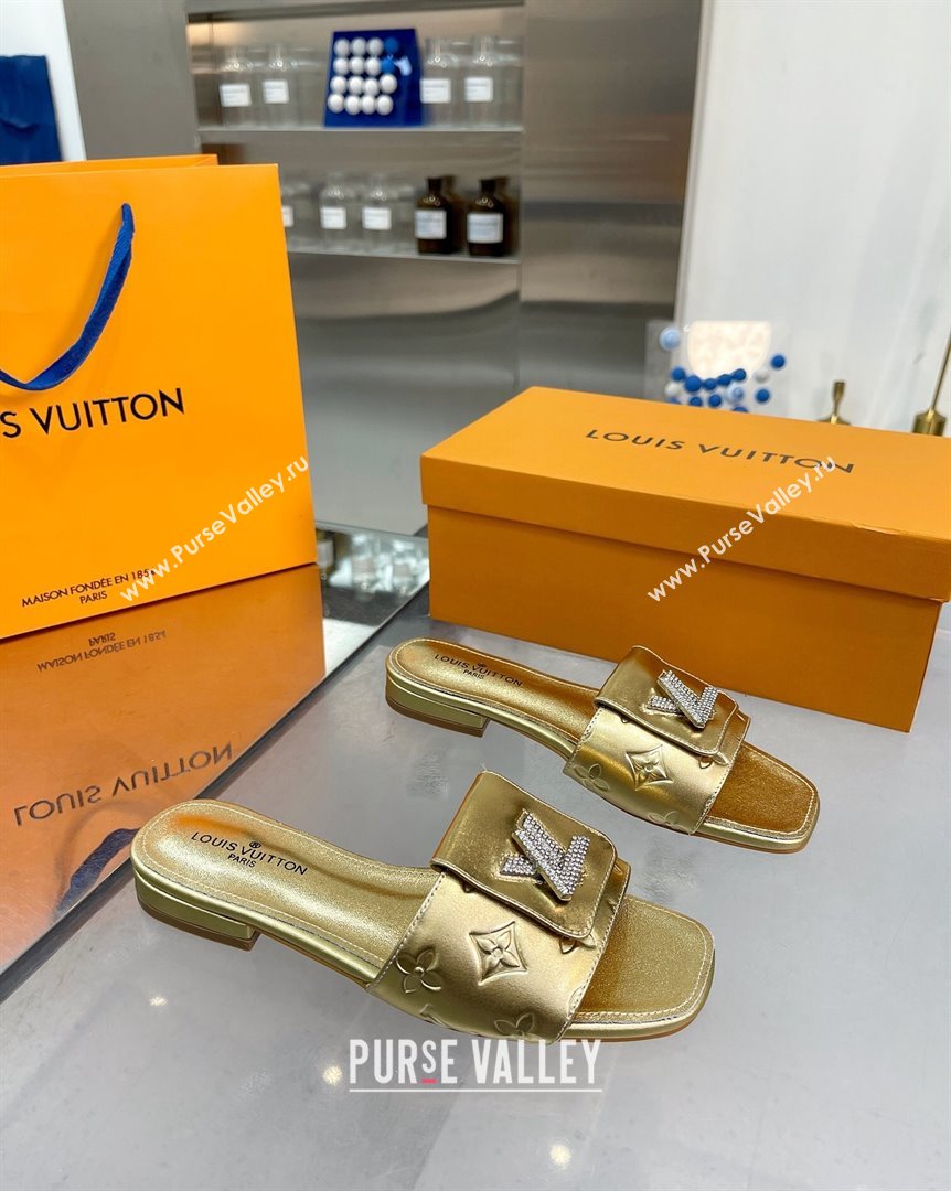 Louis Vuitton Monogram Leather Flat Slide Sandals with Foldover Crystals LV Gold 2023 (MD-231013009)