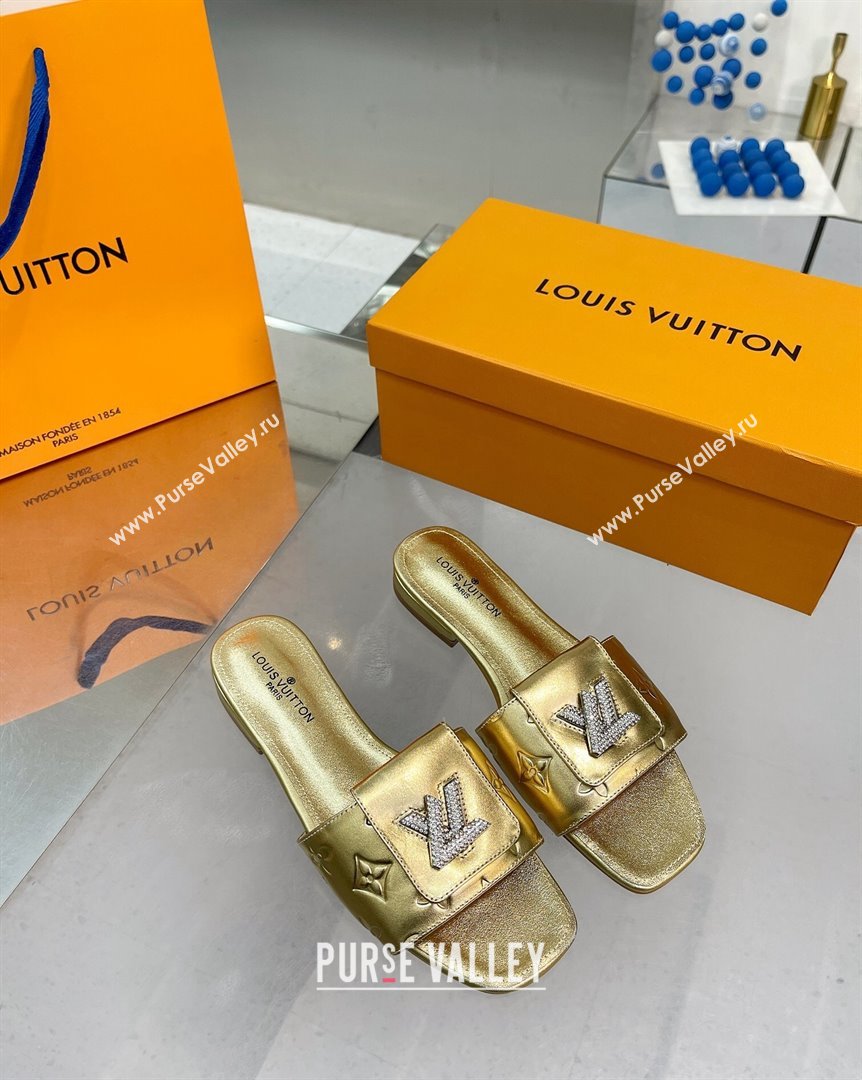 Louis Vuitton Monogram Leather Flat Slide Sandals with Foldover Crystals LV Gold 2023 (MD-231013009)