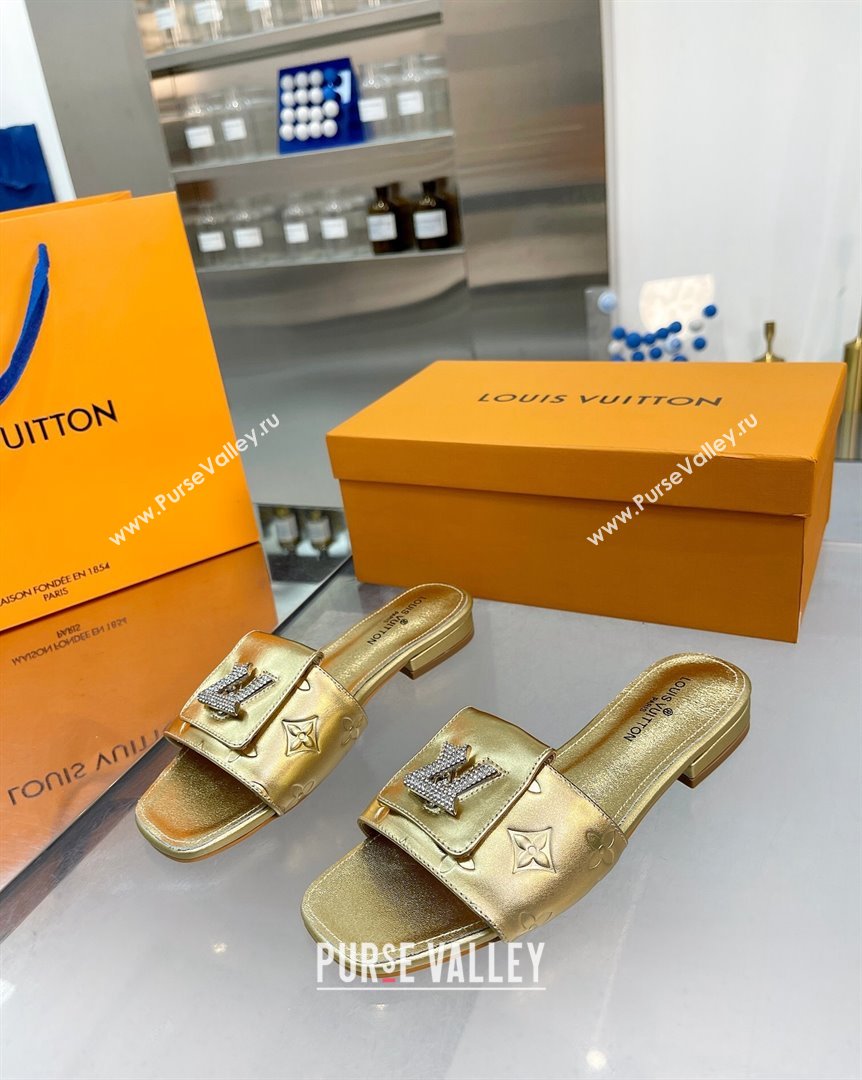 Louis Vuitton Monogram Leather Flat Slide Sandals with Foldover Crystals LV Gold 2023 (MD-231013009)