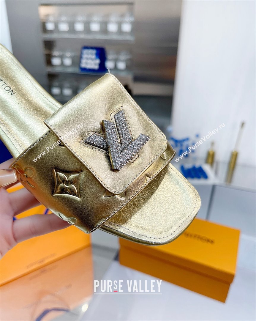 Louis Vuitton Monogram Leather Flat Slide Sandals with Foldover Crystals LV Gold 2023 (MD-231013009)